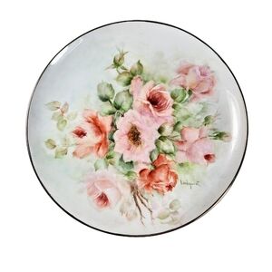 Vintage Hand Painted Roses 9 in Collector's Plate Signed Lindquist